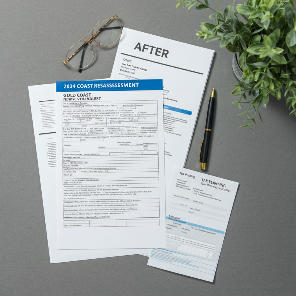 After: The 2024 reassessment for the same Gold Coast property showing a new value of $258,000, representing a 20% increase. The document is in the same setting, with tax planning materials and financial documents visible nearby.