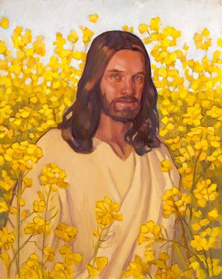 Painting of Jesu standing in a field of yellow mustard flowers.