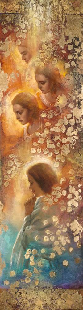 LDS art bookmark. Angels approach a praying young woman. 