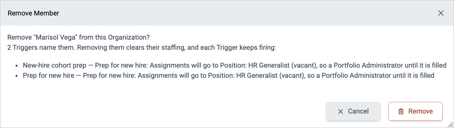 Remove Member dialog listing the Triggers that name the member