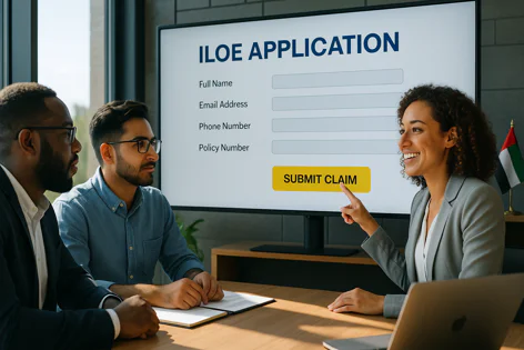 Three people look at a large screen displaying an ILOE application form. A woman points to the 'Submit Claim' button.