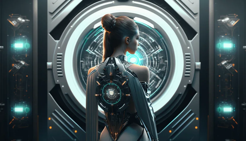 A woman in the future looking at a portal
