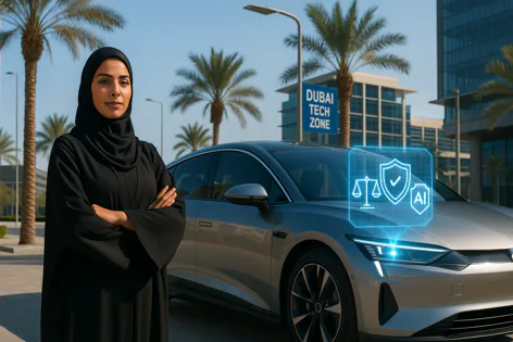 Woman in abaya and hijab next to car with holographic AI security and law icons in Dubai Tech Zone.