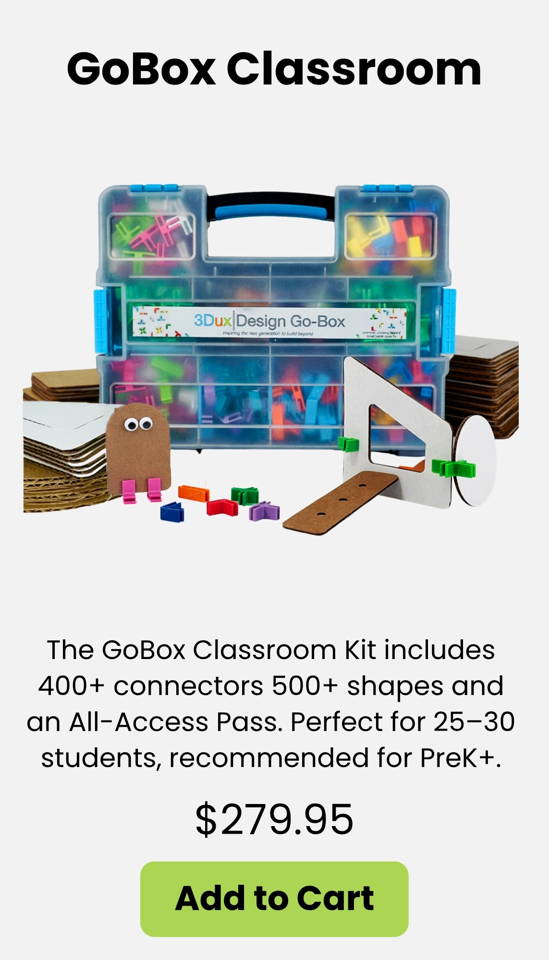 The GoBox Classroom Kit includes over 400 connectors and 500 cardboard shapes plus an All Access Pass for lessons. Ideal for hands on STEM building and project based learning for 25–30 students. Recommended for PreK and up.