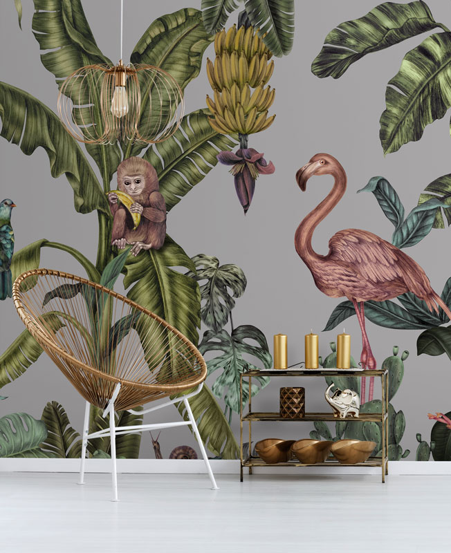 Grey & Green Exotic Bird Monkey Jungle Mural hero image