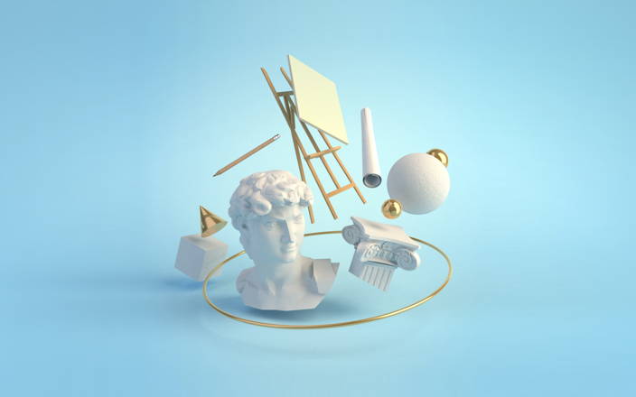 3D floating Greek sculptures and column against a blue background (preview)