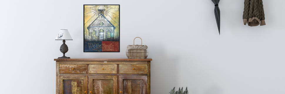 Banner image of patriotic wall art of a church and the constitution. 