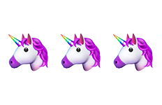 3 Unicorn head emojis with purple hair and rainbow horn.