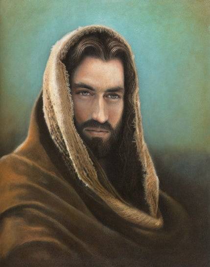 Portrait of Jesus in a brown, hooded robe with a stern expression