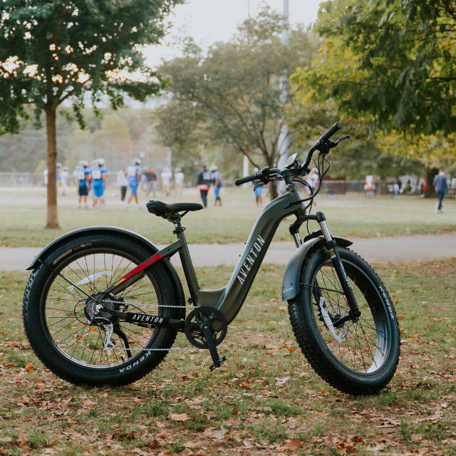 an aventon aventure fat tire electric bike in a park
