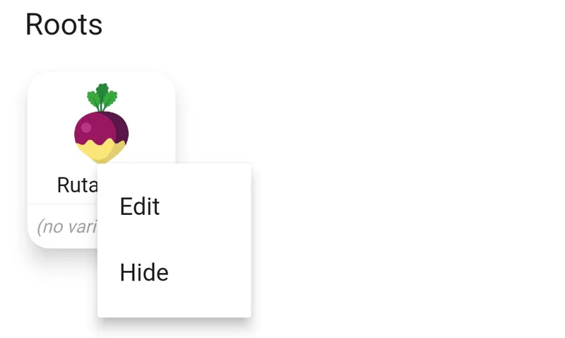 Screenshot of a dropdown menu with the option to Hide a plant