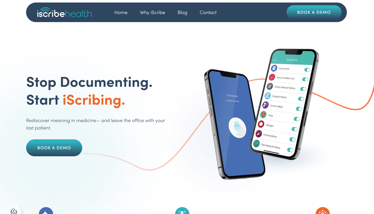 Screenshot of iScribe Health's website landing page, an AI scribe