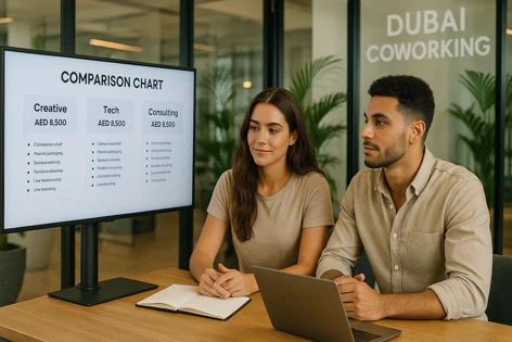 Two business professionals sit at a table in a modern coworking space, looking at a large screen displaying a comparison chart.
