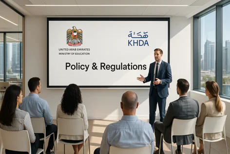 A businessman presents policy and regulations on a screen with UAE Ministry of Education and KHDA logos to attendees in a bright conference room overlooking a city skyline.
