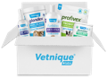 Shipping box displaying Vetnique logo opening up to reveal an array of pet products.