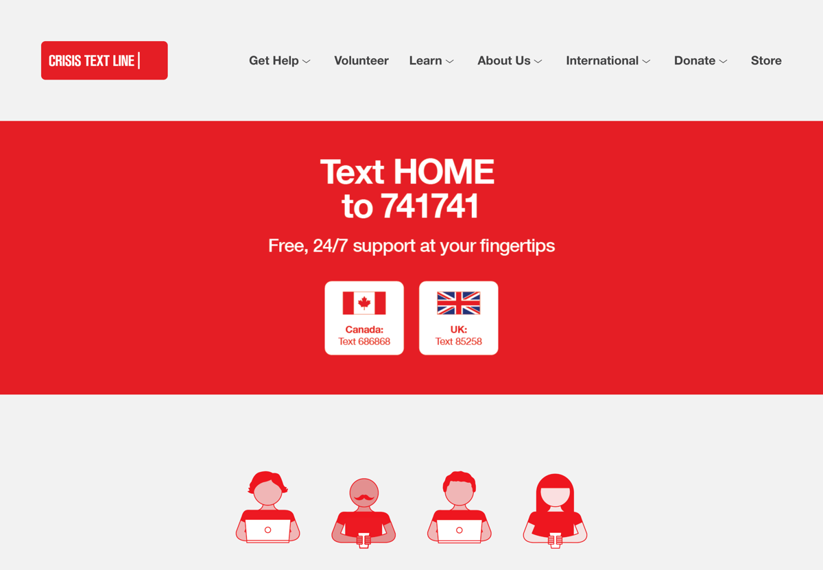 Screenshot of Crisis Text Line, from the nonprofit & charity websites collection.