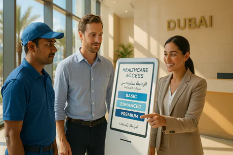 Three people discuss healthcare access plans displayed on a digital kiosk in Dubai. A woman points to the options (Basic, Enhanced, Premium) while two men look on.