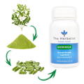 The Herbalist Moringa supplement featuring the moringa plant, green powder, and capsules designed to support immunity and overall nutrition as a natural multivitamin.