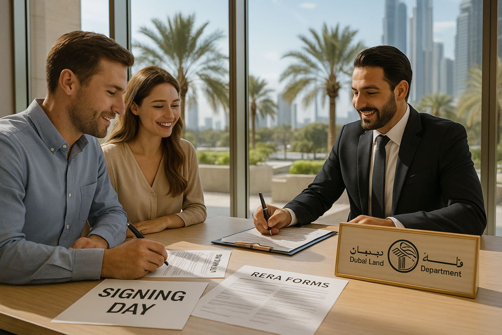 Smiling couple signing real estate documents, including RERA forms, with a representative at the Dubai Land Department office with city views.
