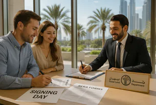 Smiling couple signing real estate documents, including RERA forms, with a representative at the Dubai Land Department office with city views.