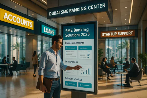Professional man reviews SME banking solutions on a touch screen display in a modern Dubai banking center lobby.