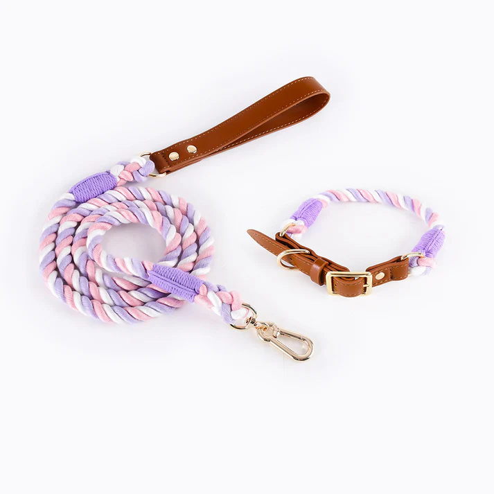 Pink Purple Premium Leather Pet Collar and Leash - Soft, Strong Braided Rope