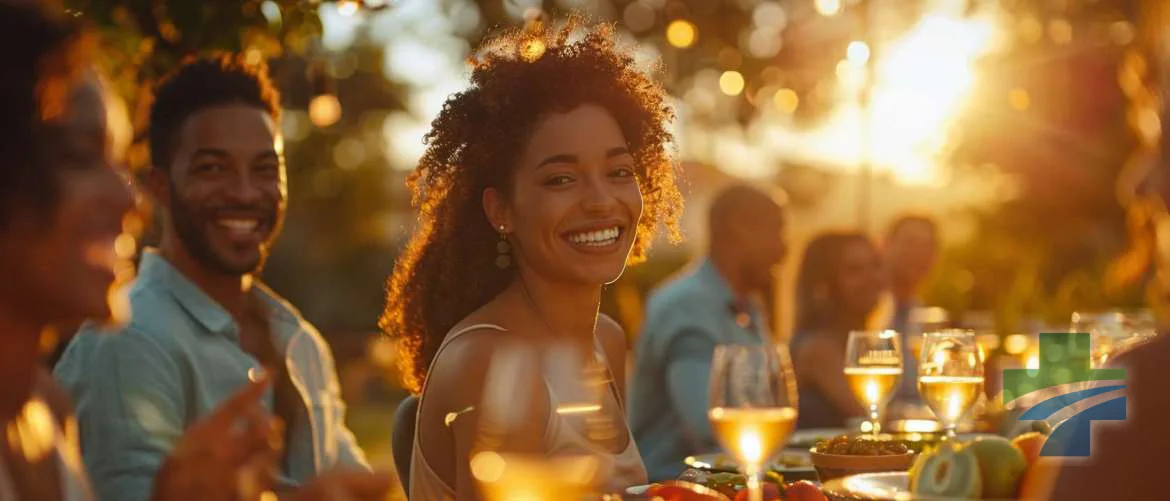 Joyful outdoor gathering at sunset with a potluck-style meal