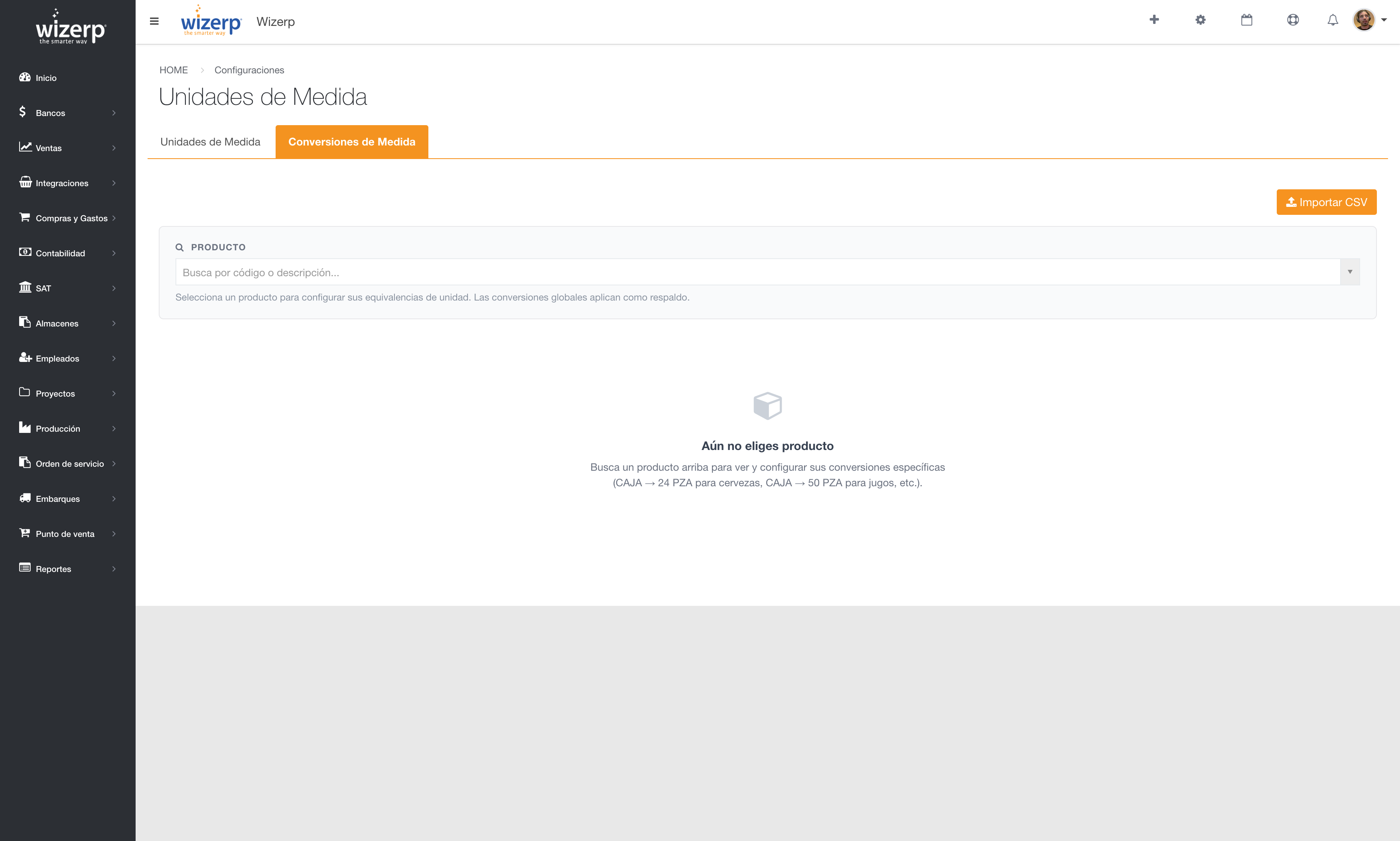 Mientras no eliges producto, la pantalla te invita a buscar uno para configurar sus equivalencias.