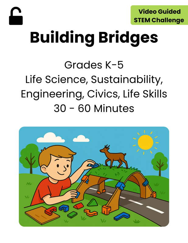Image of a student constructing a wildlife-friendly bridge using 3DuxDesign components, demonstrating a hands-on STEM activity that integrates sustainability, life science, engineering, and civics. Ideal for K–5 classrooms seeking project-based learning resources focused on real-world problem-solving and environmental design.