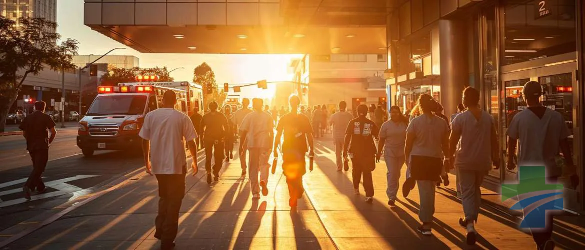 Sunset at a Los Angeles County hospital showcases the tireless efforts of healthcare workers.