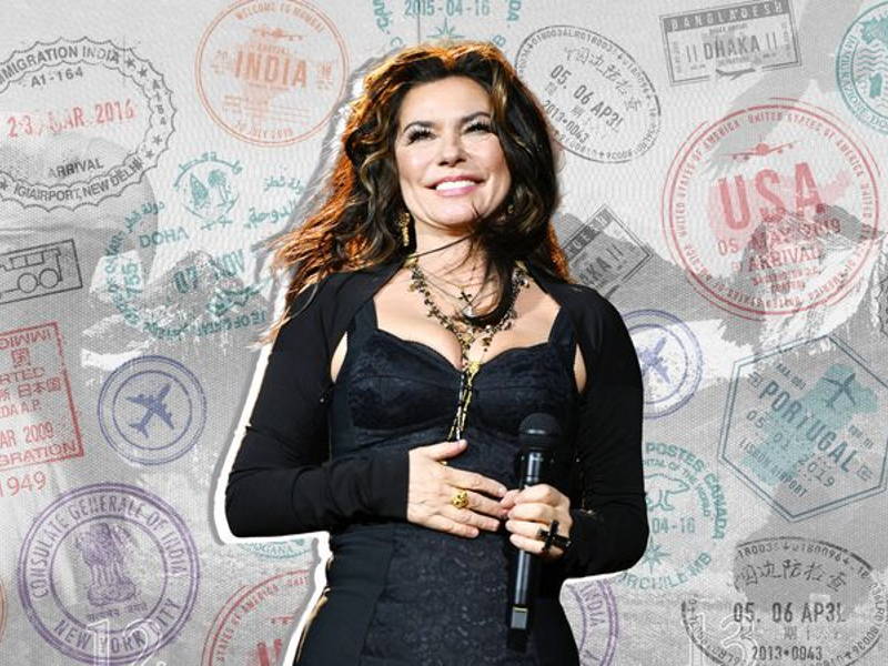 Image may contain: Shania Twain, Adult, Person, Face, Head, Photography, Portrait, Electrical Device, Microphone, and Happy