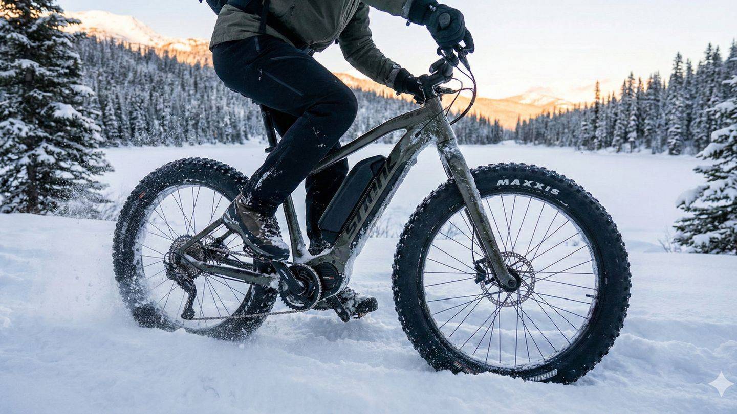man op een fatbike in de sneeuw