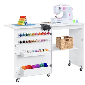 Best Choice Products Folding Sewing Table Multipurpose Craft Station & Side Desk with Compact Design, Wheels, Shelves, Storage Trays, Pegs, Magnetic Doors, Metal Doorknobs - White