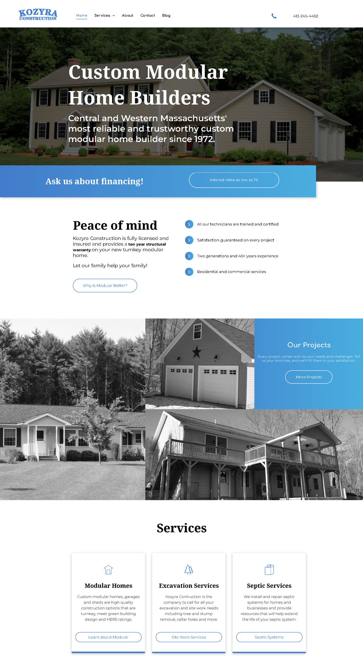 Screenshot of Kozyra Construction, from the homepage examples collection.
