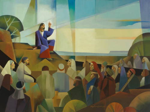 Modern painting of Jesus preaching the Sermon on the Mount to a crowd of people.