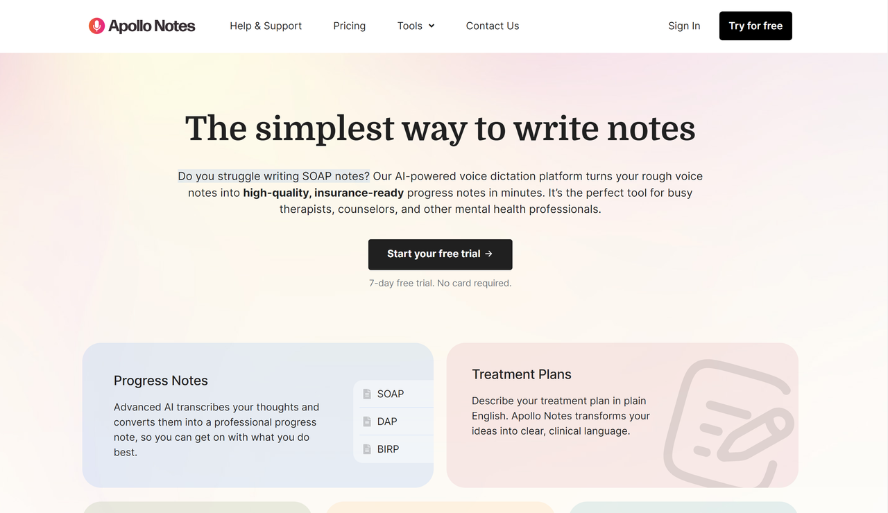 Screenshot of Apollo Notes's website landing page, an AI scribe