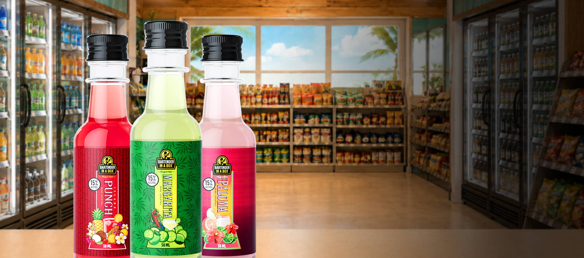 Bartender In A Box 50ml Island Punch, Margarita and Paloma bottles in a convenience store