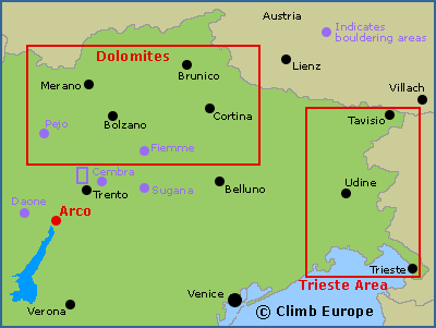 Map of the main rock climbing areas in northeast Italy