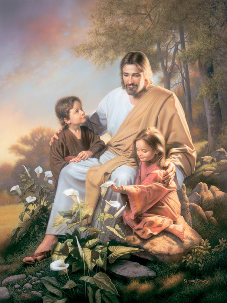 Jesus sitting with two children among lilies.