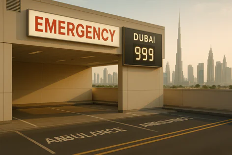 Entrance to an emergency facility in Dubai with prominent "EMERGENCY" and "DUBAI 999" signs. Ambulance parking is marked on the ground, against the city skyline.