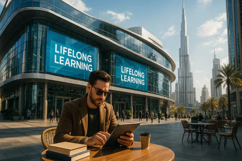 Man with tablet and coffee at outdoor table, facing modern building with 'Lifelong Learning' screens, Dubai skyline including Burj Khalifa visible.