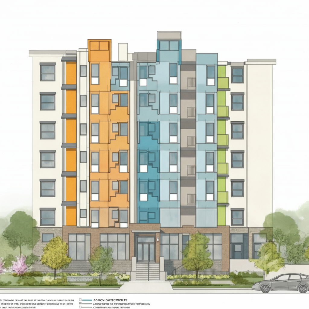 A detailed architectural rendering of a condominium ownership structure showing a multi-story building with individual units clearly defined by different colors. The image illustrates how each owner possesses their specific unit while sharing ownership of common areas like the lobby, hallways, and amenity spaces represented in neutral tones.