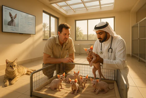 A veterinarian holds a Sphynx kitten while another man looks on. Several hairless kittens sit in a pen on the floor, with a ginger cat lying nearby in a clinic.
