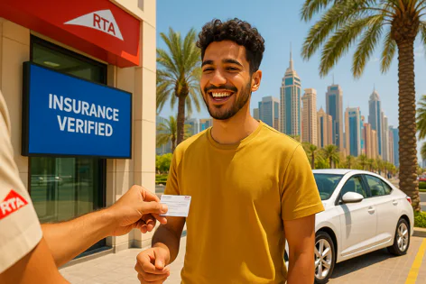 Smiling man receives a card from an RTA staff member near an "Insurance Verified" sign. A white car, palm trees, and city skyline are visible in the background.