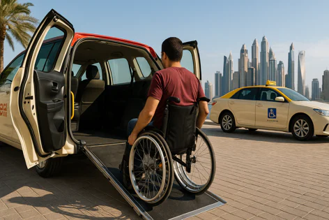 Man in wheelchair uses a ramp to enter an accessible taxi in Dubai, with the city skyline visible in the background.