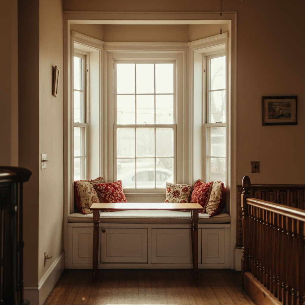 A photographic style image of A charming breakfast nook in a renovated historic home, where morning light streams through bay windows onto a built-in window seat. high focus, sharp, lots of bright light, extra bright, highly detailed, high quality, dslr, film grain, fujifilm XT3, RAW photo, RAW candid cinema, color graded porta 400, depth of field, hyper realistic, natural-looking, expressive, textured skin, texture, 8k, photorealistic