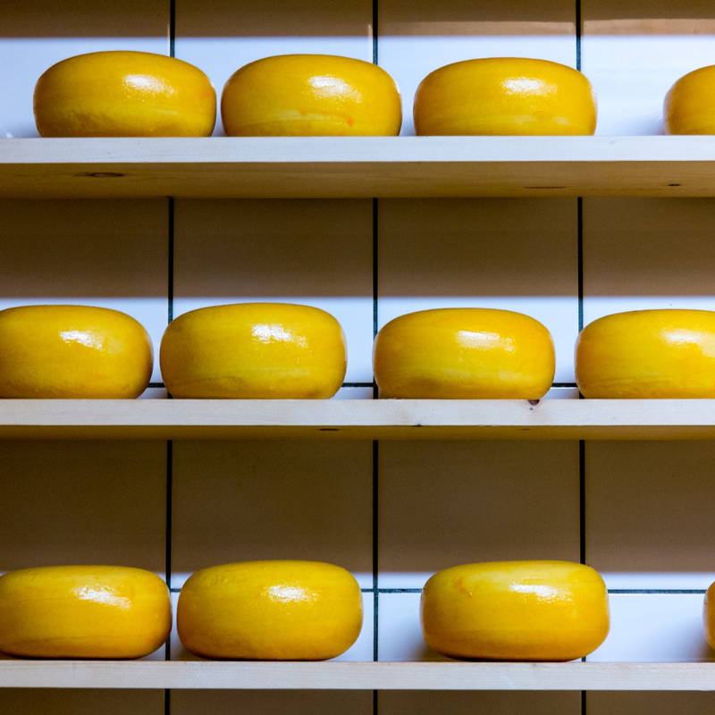 Blokken kaas op schappen
