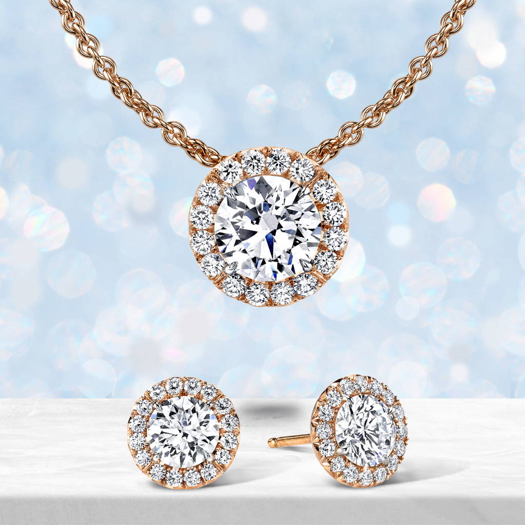 diamond necklace and matching earrings in rose gold