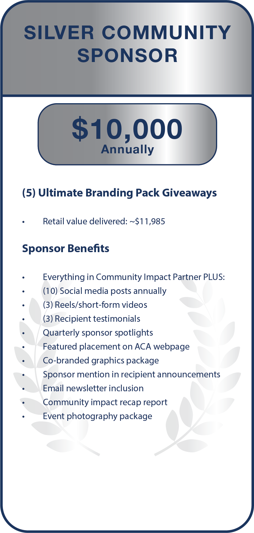 (5) Ultimate Branding Pack Giveaways   Retail value delivered: ~$11,985   Sponsor Benefits  Everything in Community Impact Partner PLUS:  (10) Social media posts annually  (3) Reels/short-form videos  (3) Recipient testimonials  Quarterly sponsor spotlights  Featured placement on ACA webpage  Co-branded graphics package  Sponsor mention in recipient announcements  Email newsletter inclusion  Community impact recap report  Event photography package 