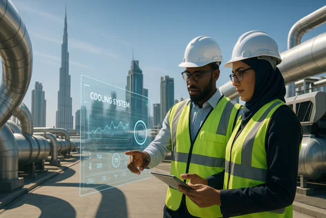 Two engineers examine a holographic cooling system data display near large pipes with the Dubai skyline, including the Burj Khalifa, in the background.